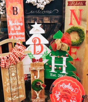 Holiday Wood Decor, sleds, trees, snowmen and more