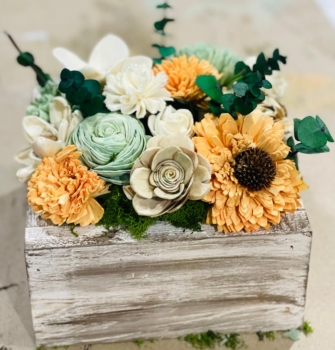 Hand dipped wood flowers with center piece box