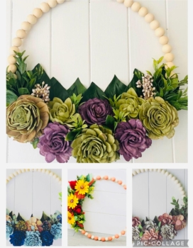 Hand Dipped Wood Flowers in Centerpiece Box, Wood Beaded Wreath or 12 x 12 Sign