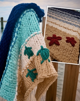 Coastal Beach Chunky Knit Blanket, choose Turtle or Starfish Design