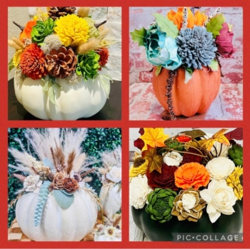 Live Pumpkin with Hand Dipped Wood Flower Designer Center Piece Making