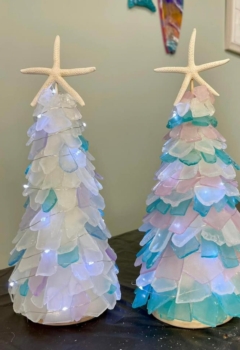 Light-Up Glass Beach Trees on wood platform